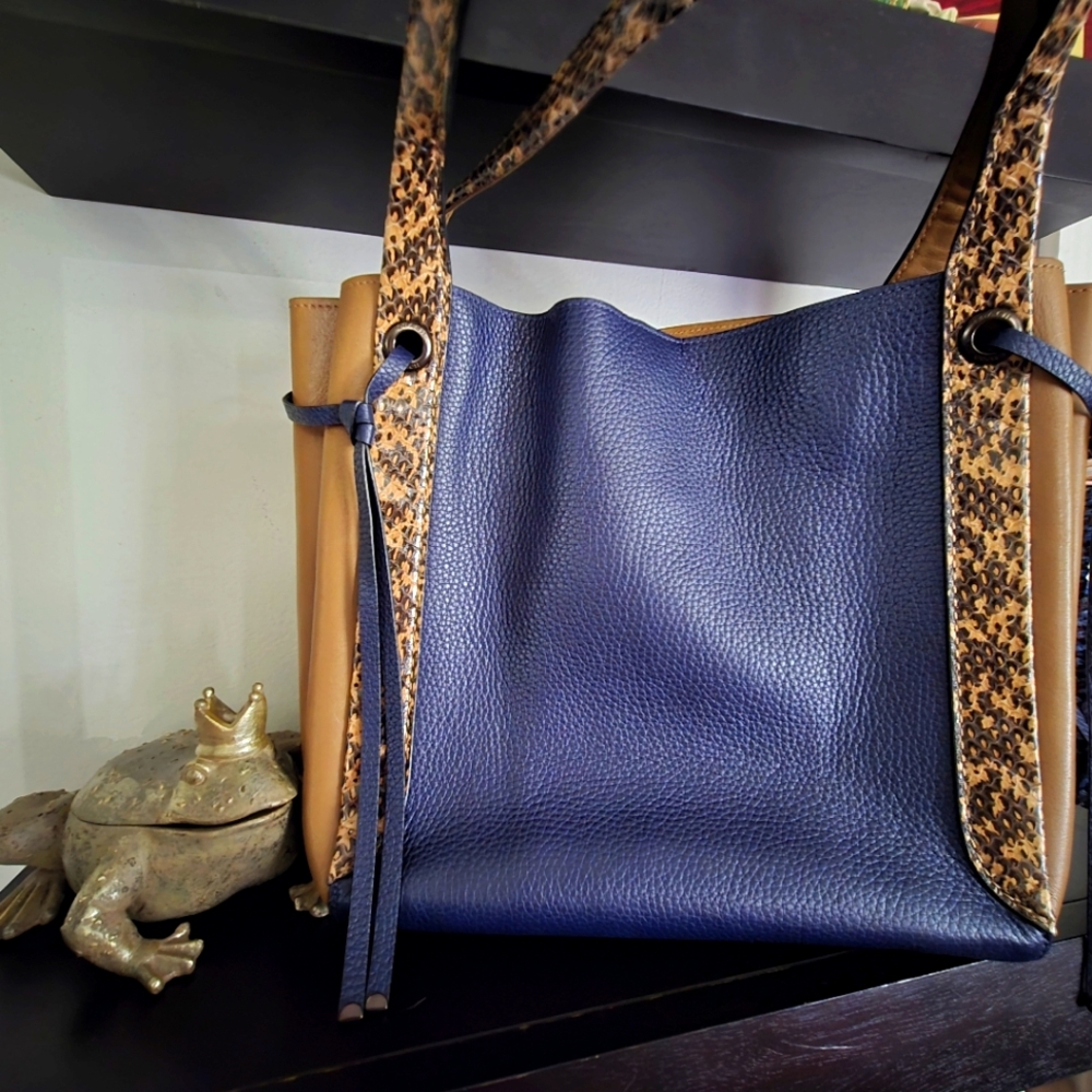 Coach Harmony Hobo Satchel In Navy Blue  And Brown With Snakeskin Straps